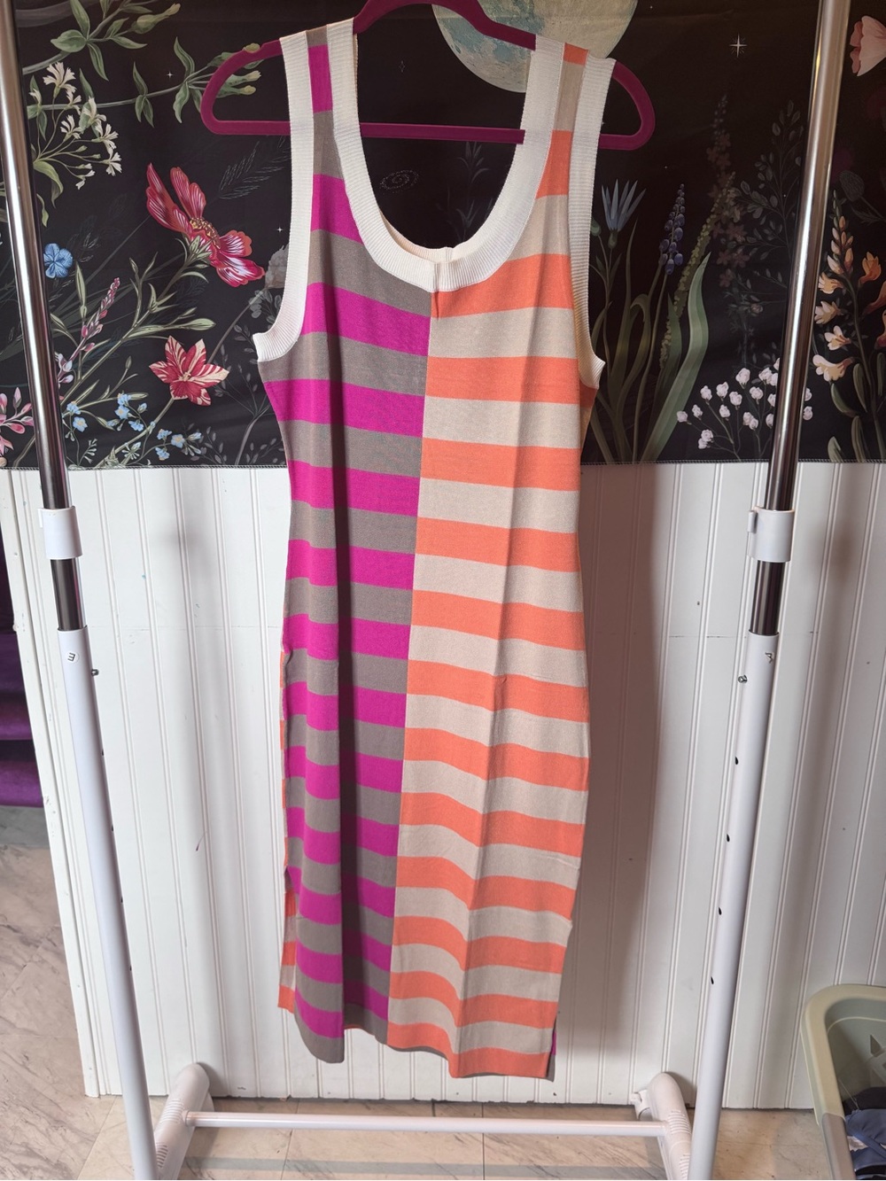 Summer Sleeveless Knit Midi Dress in Pink, Orange and Gray 100% viscose